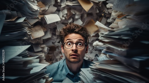 Portrait of a young man in glasses with a pile of papers.