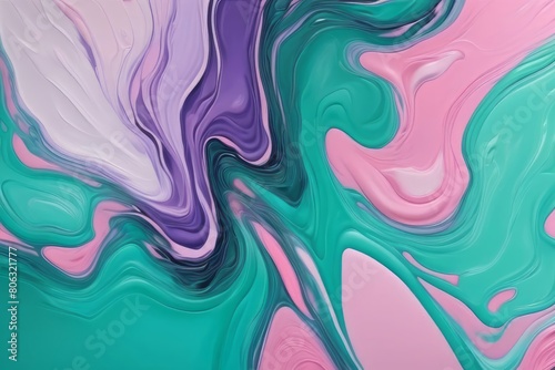 Banner with Liquid acrylic fluid abstract background. Green, purple, pink and turquoise backdrop abstract mixing painting. Art with flows and splashes for interior poster, banner