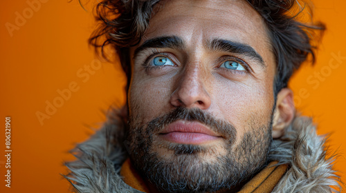 Professional studio photo portrait of a attractive handsome man, beautiful guy with beard, a person, with a pronounced emotional expression, widescreen 16:9