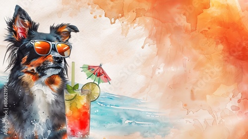 Stylish Dog in sunglasses, enjoying tropical cocktail on sunny beach. Puppy with soft drink. Banner. Copy space. Concept of summer vibes, refreshing drinks, vacation, leisure. Watercolor art photo