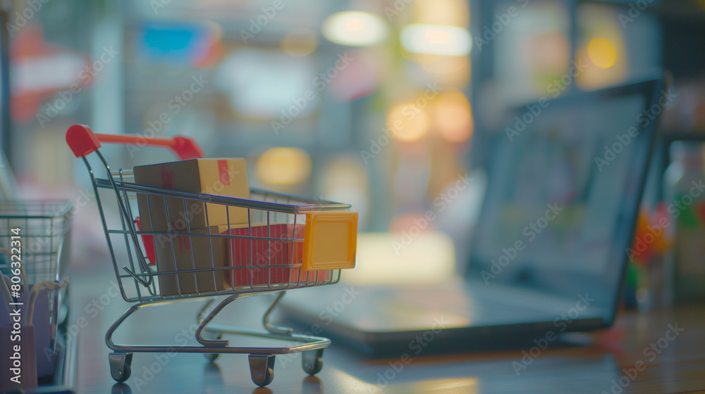 Delivery shopping concept. Internet screen laptop trolley
