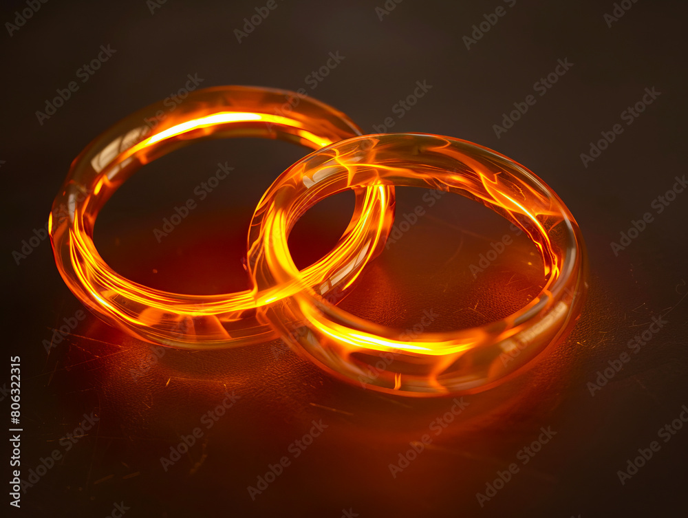 Two rings with glowing lights on top of a black surface. Two rings with glowing lights on top of a black surface.