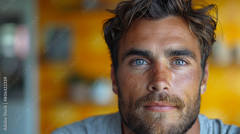 Professional studio photo portrait of a attractive handsome man, beautiful guy with beard, a person, with a pronounced emotional expression, widescreen 16:9
