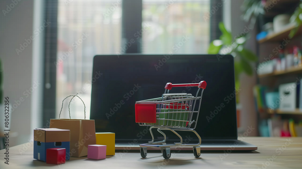 Delivery shopping concept. Internet screen laptop trolley