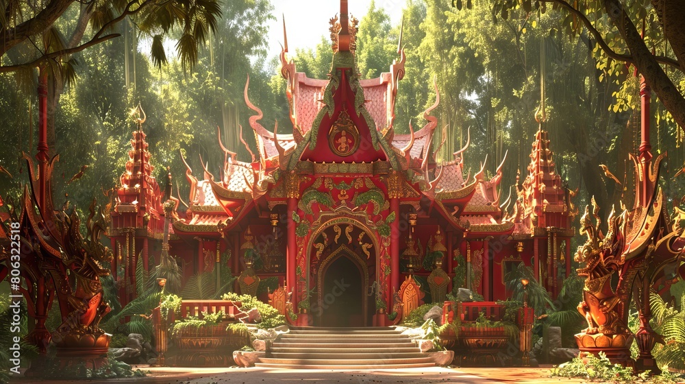 Fototapeta premium Thai Buddhist temple with ornate golden decorations in a lush garden. Concept of Thai culture, religious architecture, and monastic life