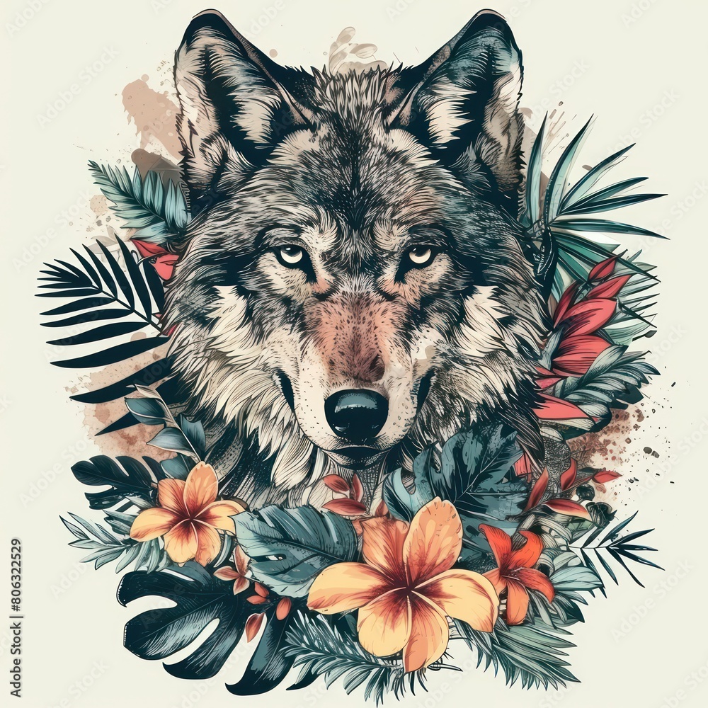 Fototapeta An illustrative artwork depicting a wolf head framed by tropical plants, conveying a fusion of wild strength and exotic delicacy