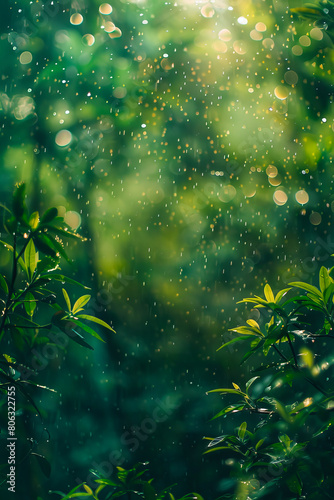 A green forest with raindrops on the leaves.