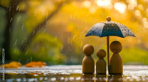 Three wooden people under an umbrella in the rain. photo