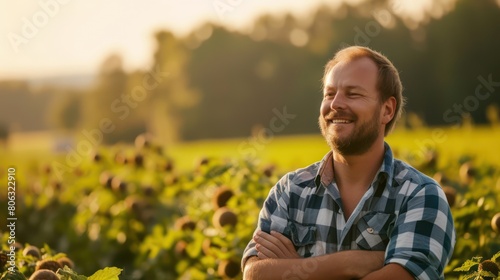 A happy male farmer is seen with arms crossed, smiling in a sunflower field during golden hour © Matthew