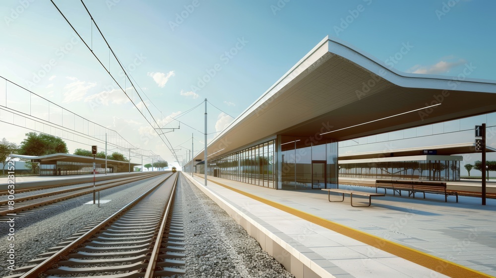 Modern railway station platform with clear blue sky. Architectural rendering of public transportation hub