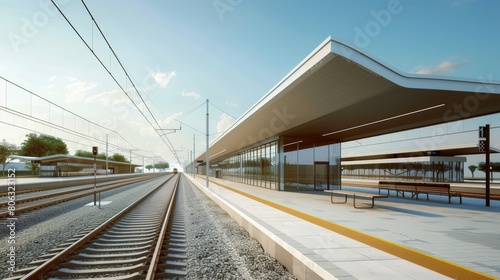 Modern railway station platform with clear blue sky. Architectural rendering of public transportation hub © Tatyana