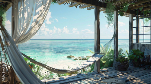 A charming beach house with a hammock swaying in the breeze, overlooking the ocean photo