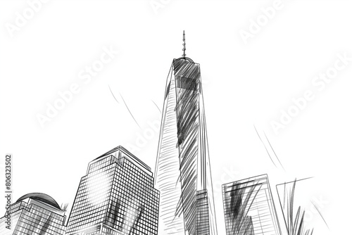 Black and white line drawing illustration of One World Trade Center in New York
