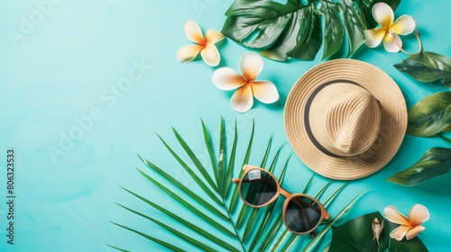 Summer vacation essentials with straw hat  sunglasses  and tropical flowers on turquoise background. Flat lay composition with copy space