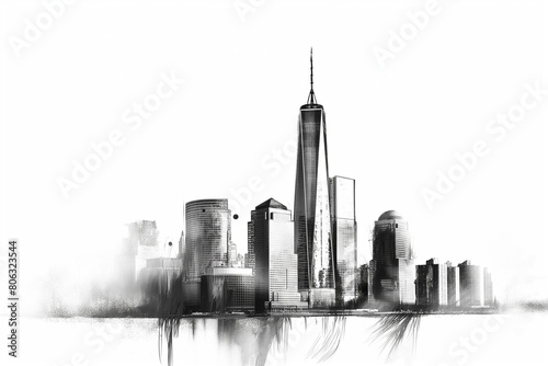 Black and white line drawing illustration of One World Trade Center in New York
