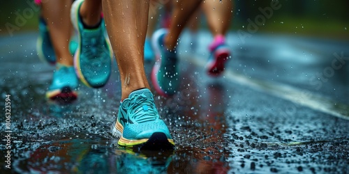Group of athletes in bright sportswear jogging together on wet urban road in heavy downpour. Runners training for marathon in rainy weather. Concept of healthy lifestyle