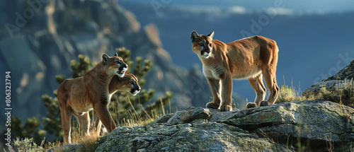 Wild mountain lions blend into rocky terrain, eyes locked on prey in the distance ahead. photo