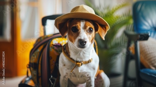 Jack Russell terrier in a travel hat sitting in luggage. Indoor pet portrait. Travel preparation and pet fashion concept. Design for greeting card, poster