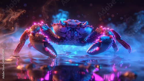 3d crab with neon light and fog. photo
