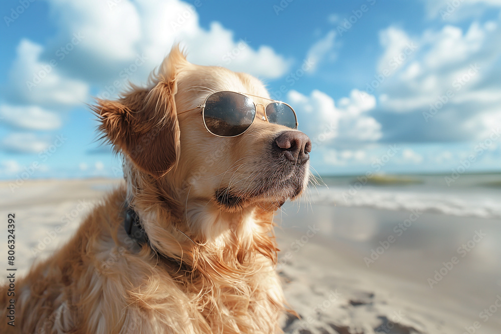 Happy golden retriever with sunglasses on the beach