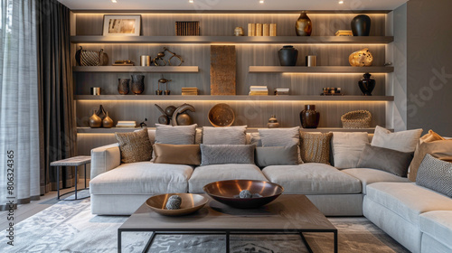 A contemporary living room with a touch of glamour, centered around a sleek wood floating shelf showcasing a curated collection of metallic accents and luxurious textiles, agnst a backdrop of mu photo