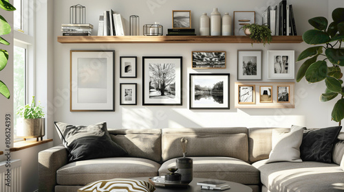 A contemporary living room featuring a wood floating shelf displaying framed black and white photographs photo