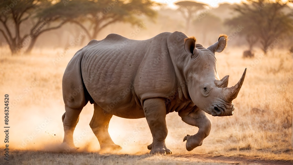 Fototapeta premium Rhino running in the savannah. Wild animal