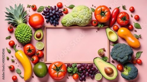 Variety of vegetables and fruits. Top view with blank copy space for text.