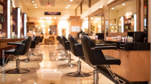 Warmly lit high-end beauty salon with multiple styling chairs aligned on a shiny floor, creating a sleek look photo