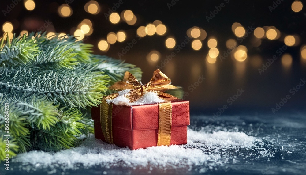 Christmas gift box with garlands on a colorful background