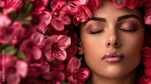 Close-up of a closed-eye woman's face peacefully surrounded by vibrant pink flowers