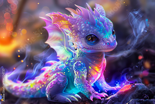 A cute dragon with glowing eyes and smoke.