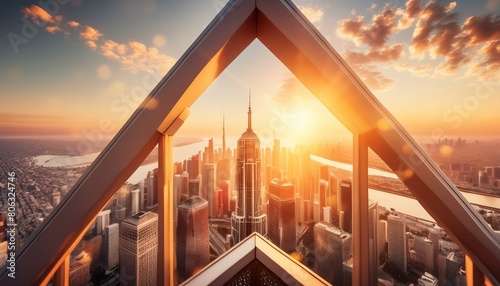 panorama of a big city at sunset