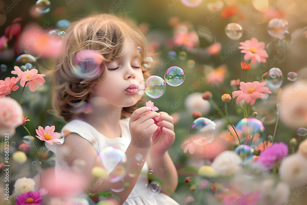 A child joyfully blowing bubbles amidst blooming flowers, capturing the innocence and delight of April play