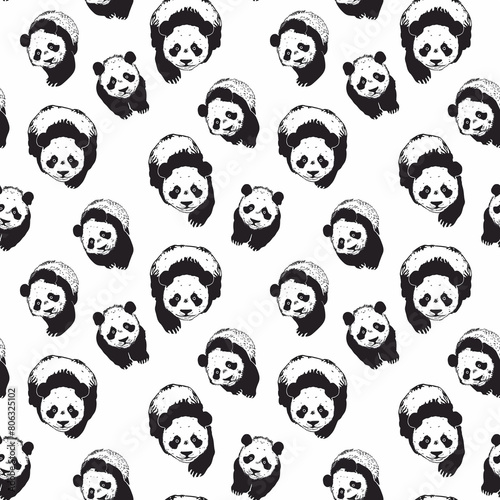 A design featuring a repetitive pattern of vector-style pandas set against a white background.