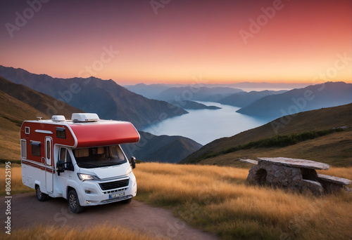 Caravan camping in mountain nature. Lifestyle, traveling concept.