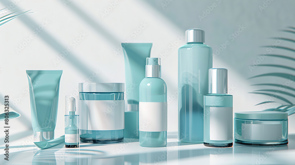 Blue cosmetic mockup with blue jars for cream. Banner with jars for cream, containers, bottles, face serum. Skin care beauty concept. Shadow effect. Showcase for product presentation. Blue cosmetic mockup with blue jars for cream. Banner with jars for cream, containers, bottles, face serum. Skin care beauty concept. Shadow effect. Showcase for product presentation.