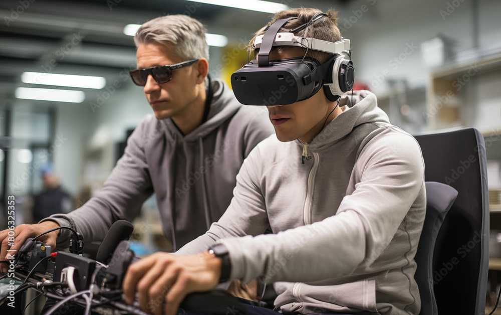 Two men wearing virtual headsets in a factory. Generative AI