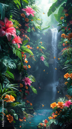 Tropical waterfall amid lush vegetation. Generative AI