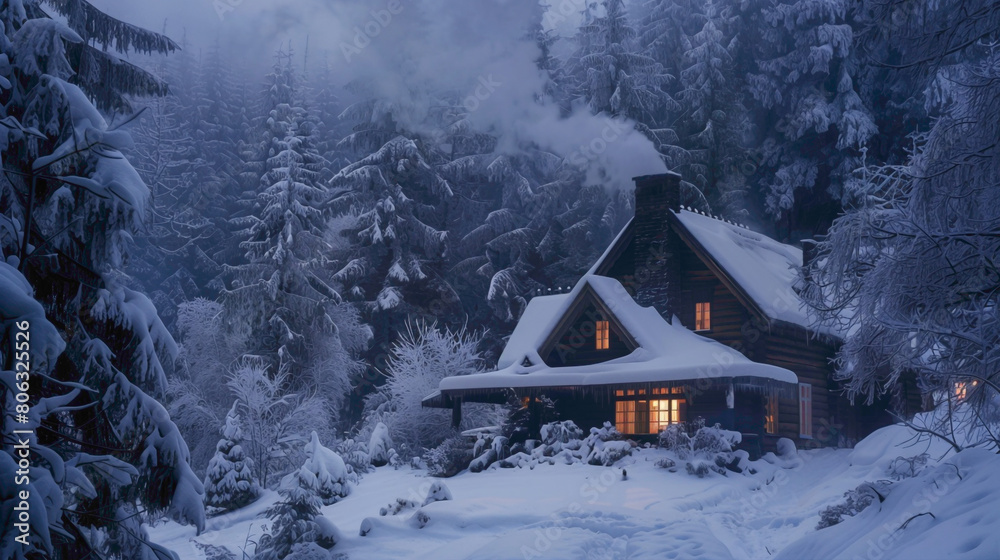 Fototapeta premium A cozy cabin nestled in a snowy forest, smoke gently rising from its chimney