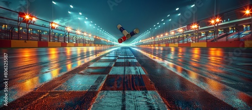 drag racing scene at night with racing lights reflecting on a wet track, creating a vibrant and dynamic atmosphere photo
