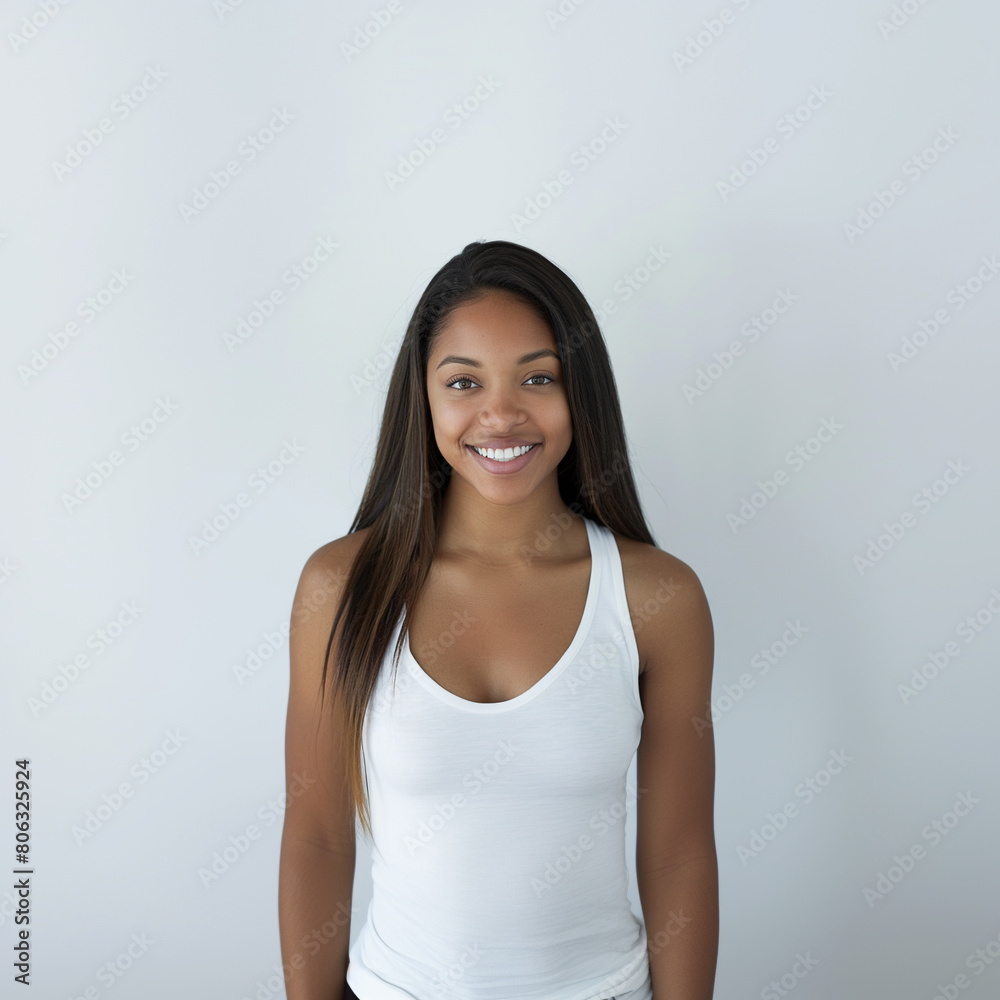 A cute woman Smiling wearing white tank A cute woman Smiling wearing white tank