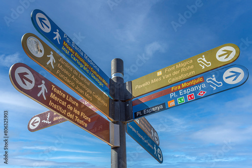 Street signs marking the direction to the few famous sites to visit in Barcelona, Spain