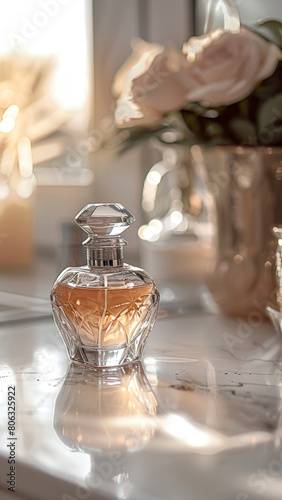 Chic Perfume Bottle on a Sunlit Window Sill with Elegant Roses, Creating a Serene Ambiance © Thitiporn