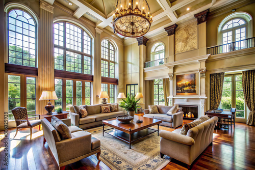 Living room with high ceilings and architectural features living room with high ceilings and architectural features
