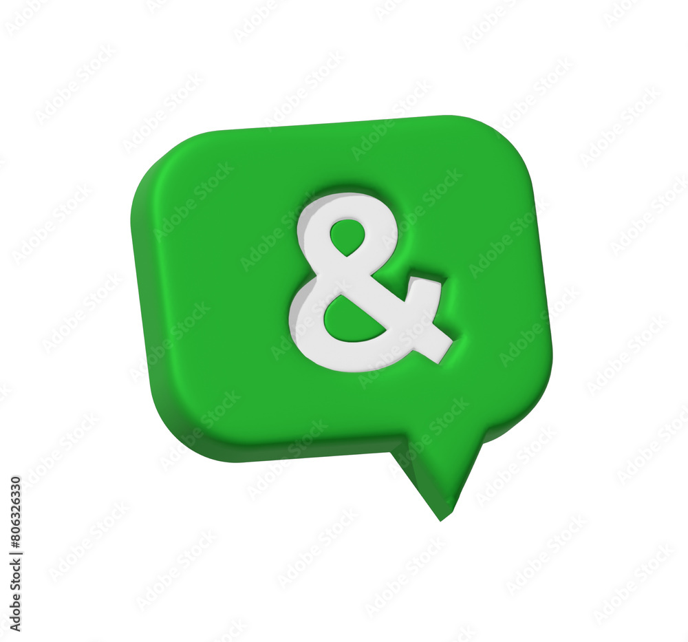 3D Ampersand Speech Bubble Icon. Green Message box with Ampersand sign. Cartoon Ampersand mark speech bubble icon isolated on white background. 3D Rendering. 3D Ampersand Speech Bubble Icon. Green Message box with Ampersand sign. Cartoon Ampersand mark speech bubble icon isolated on white background. 3D Rendering.
