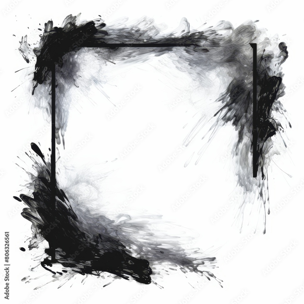Abstract black ink splatter frame on white background for artistic designs. Artistic Brush Stroke Frame