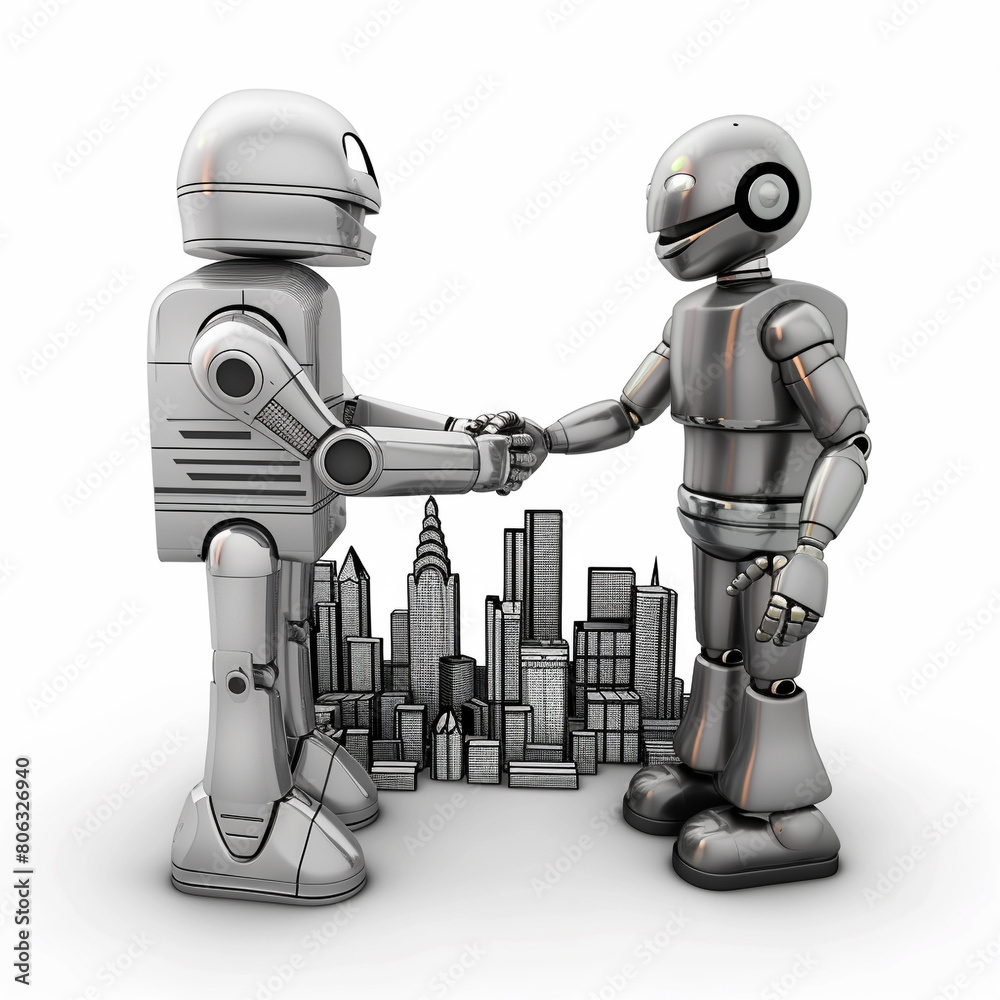 silver robot shaking hands with city planner