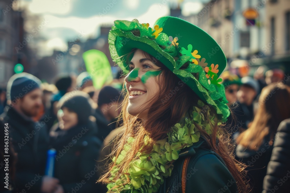 Fototapeta premium A young woman wearing a green hat and green beads celebrates St. Patrick's Day.