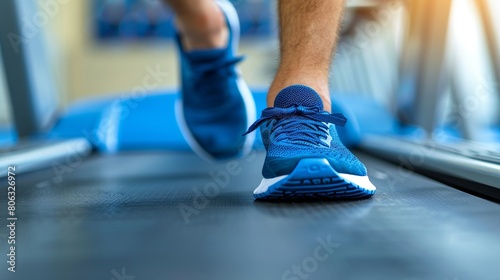 Close up view of man s feet jogging on a treadmill in a gym or home fitness environment